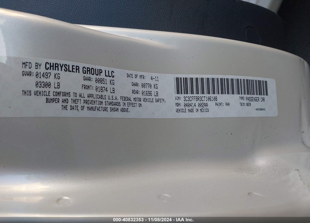 2012 FIAT 500 SPORT VIN: 3C3CFFBR3CT106108