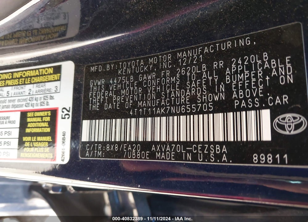 2022 TOYOTA CAMRY SE VIN: 4T1T11AK7NU655705
