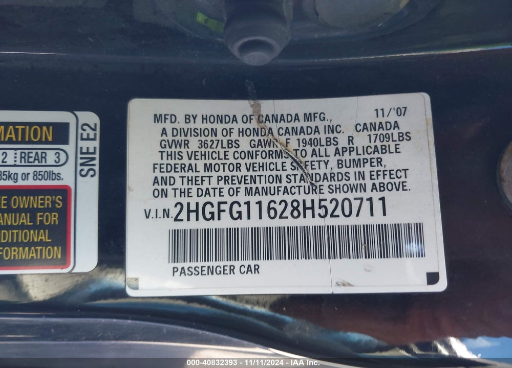 2008 HONDA CIVIC LX VIN: 2HGFG11628H520711