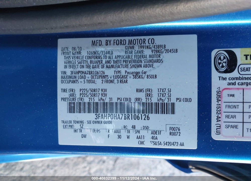 2011 FORD FUSION SE VIN: 3FAHP0HA7BR106126