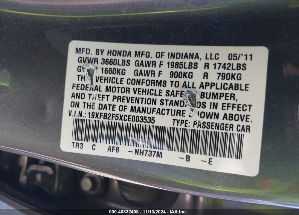 2012 HONDA CIVIC LX VIN: 19XFB2F5XCE003535