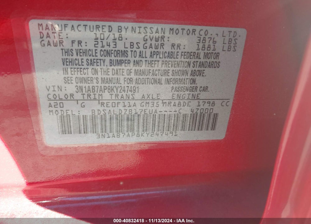 2019 NISSAN SENTRA SV VIN: 3N1AB7AP8KY247491