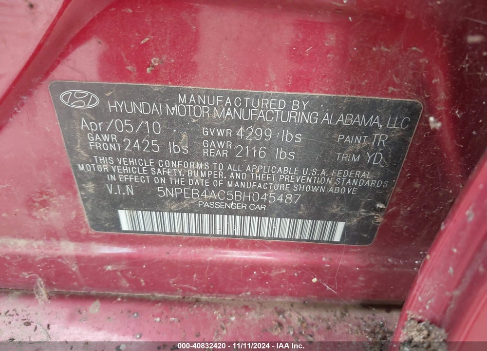 2011 HYUNDAI SONATA GLS VIN: 5NPEB4AC5BH045487