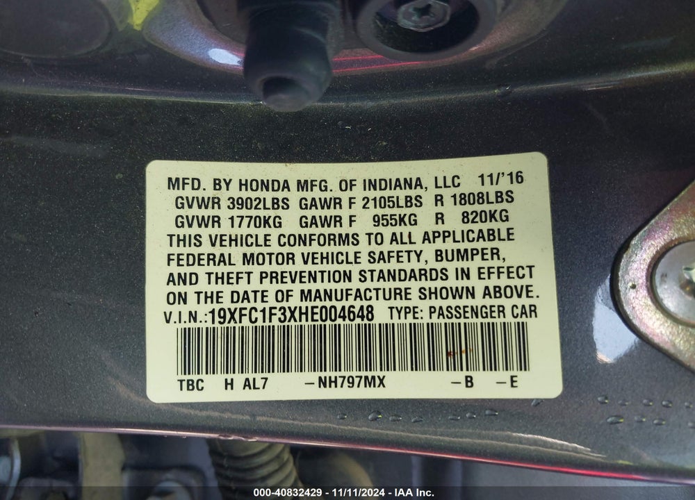 2017 HONDA CIVIC EX-T VIN: 19XFC1F3XHE004648