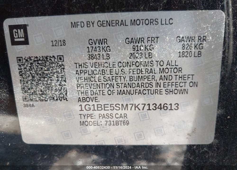 2019 CHEVROLET CRUZE LT VIN: 1G1BE5SM7K7134613