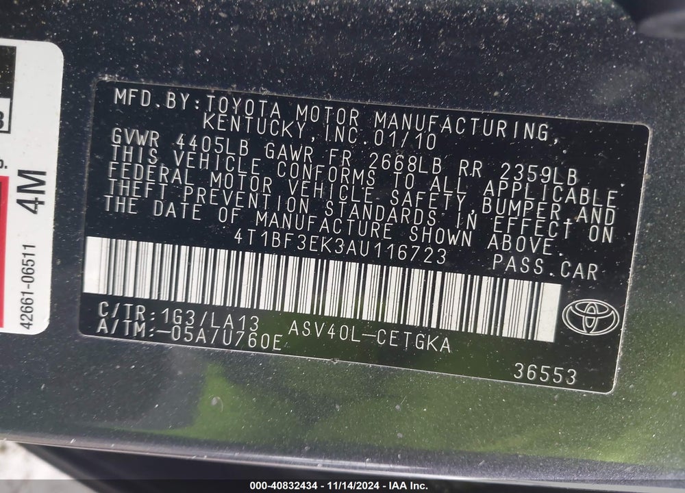 2010 TOYOTA CAMRY XLE VIN: 4T1BF3EK3AU116723