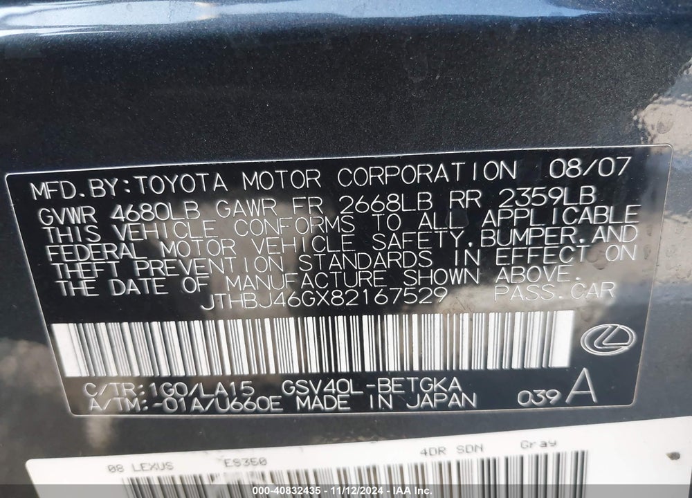 2008 LEXUS ES 350 VIN: JTHBJ46GX82167529