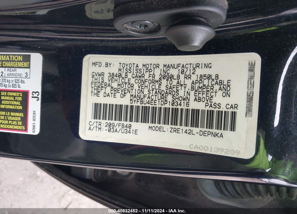 2013 TOYOTA COROLLA LE VIN: 5YFBU4EE1DP103416