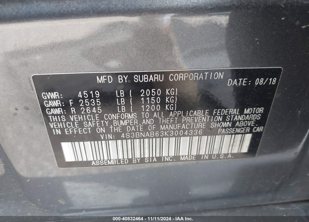 2019 SUBARU LEGACY VIN: 4S3BNAB63K3004336
