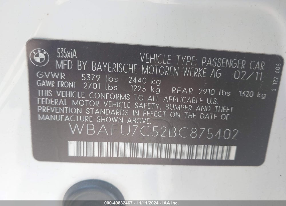 2011 BMW 535I XDRIVE VIN: WBAFU7C52BC875402
