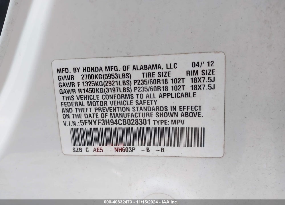 2012 HONDA PILOT TOURING VIN: 5FNYF3H94CB028301