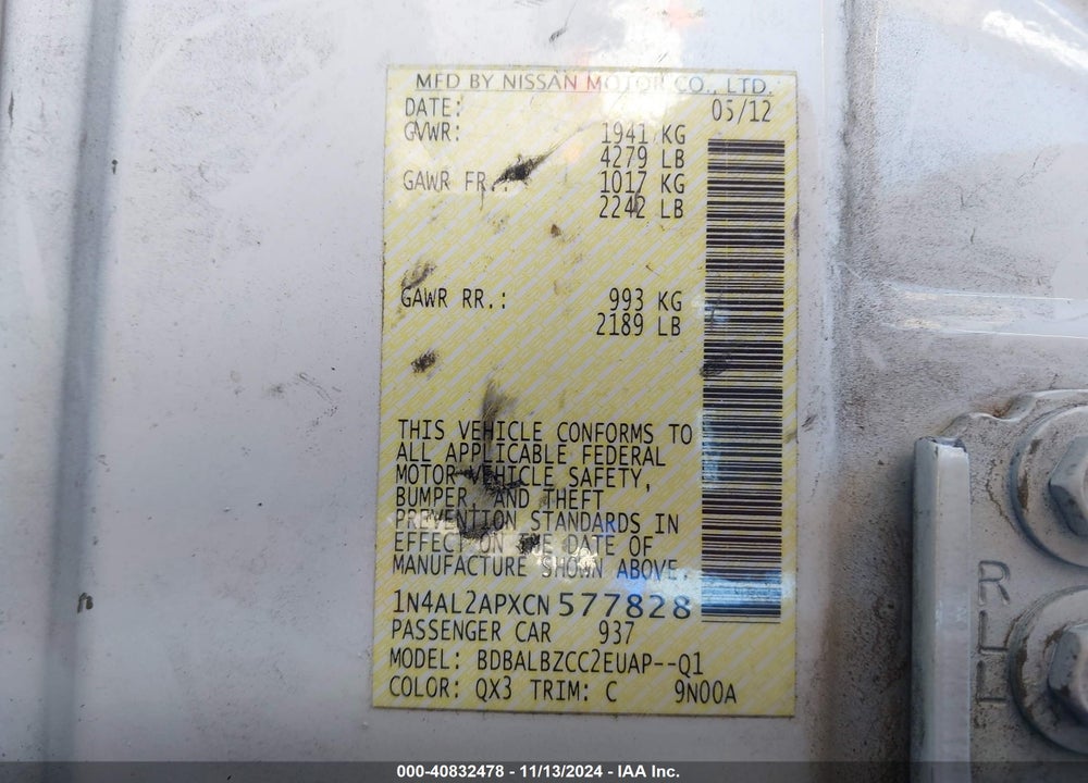 2012 NISSAN ALTIMA 2.5 S VIN: 1N4AL2APXCN577828