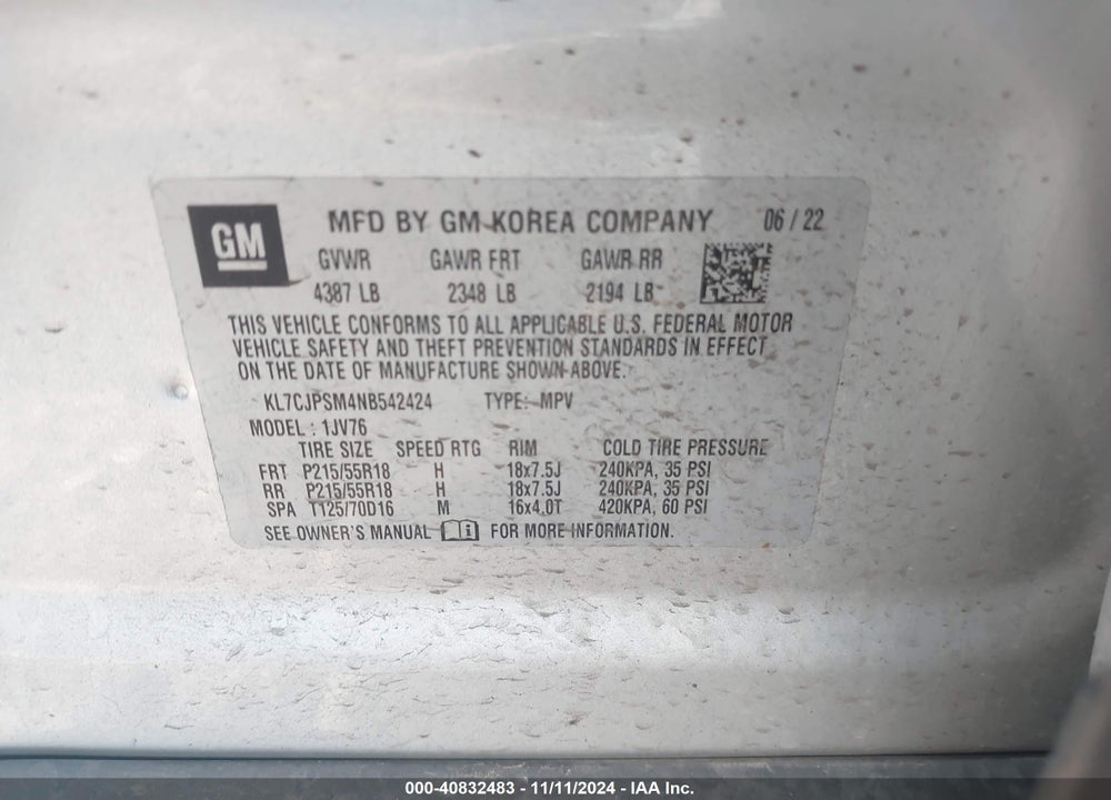 2022 CHEVROLET TRAX AWD LT VIN: KL7CJPSM4NB542424