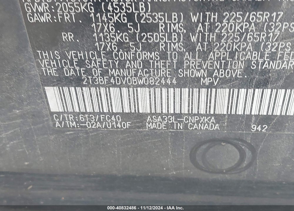 2011 TOYOTA RAV4 VIN: 2T3BF4DV0BW082444
