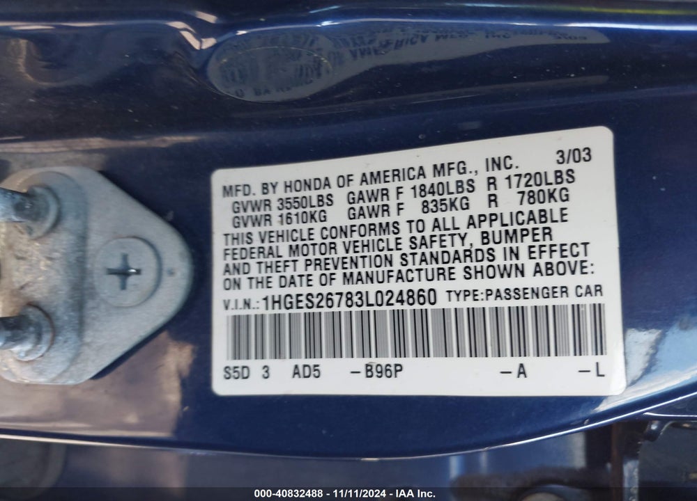 2003 HONDA CIVIC EX VIN: 1HGES26783L024860