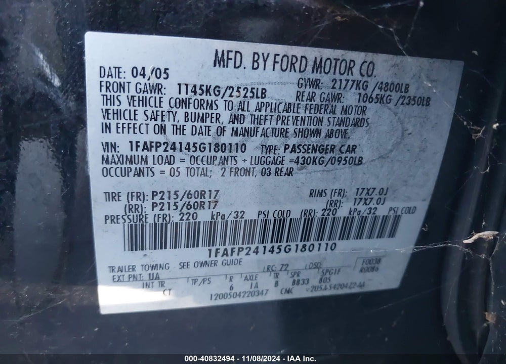 2005 FORD FIVE HUNDRED SEL VIN: 1FAFP24145G180110