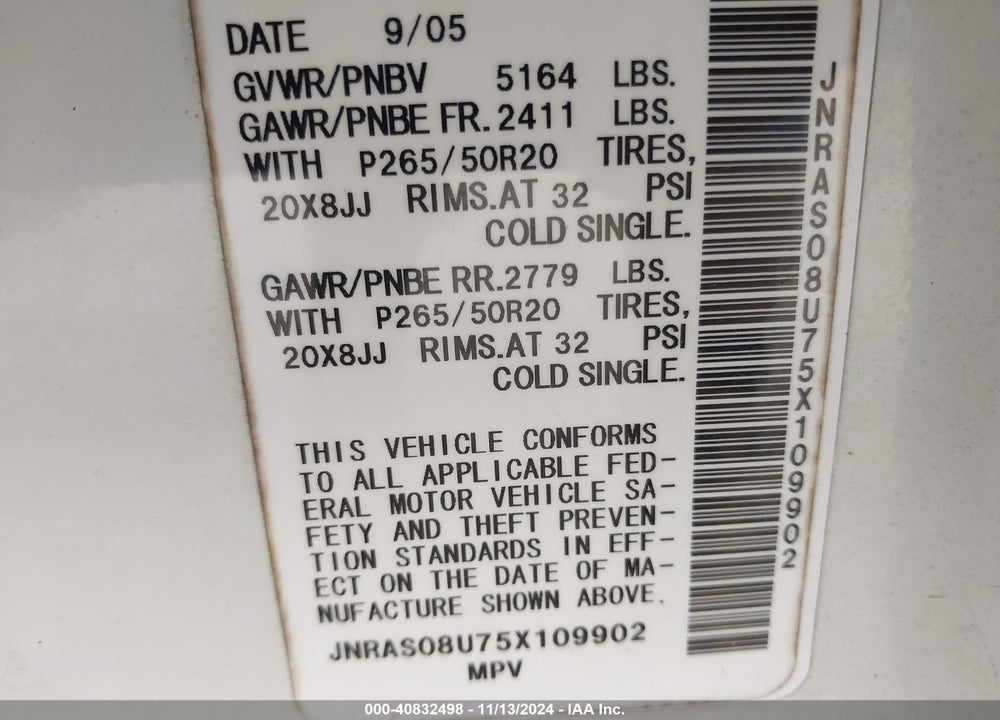 2005 INFINITI FX35 VIN: JNRAS08U75X109902