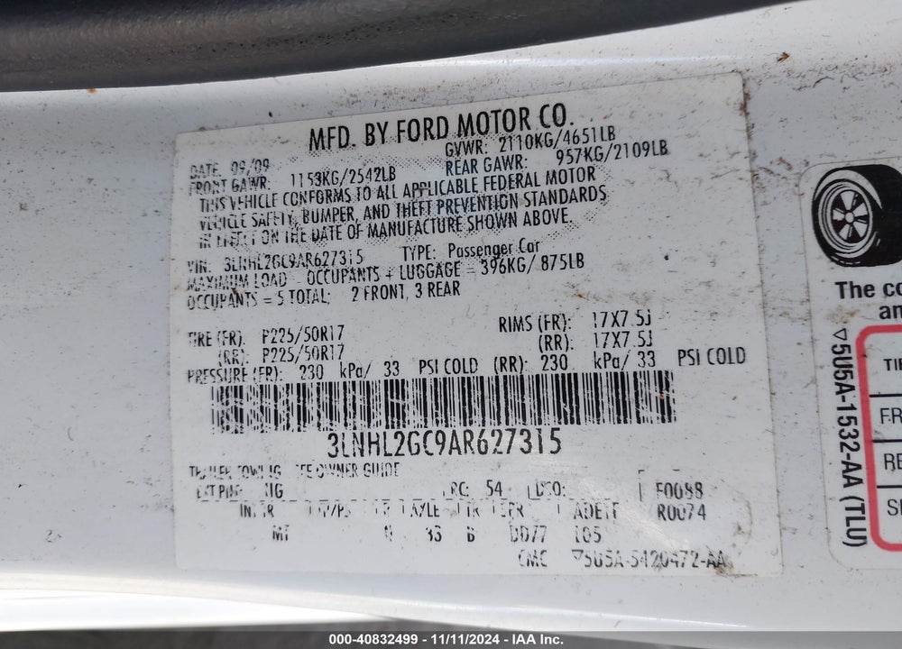 2010 LINCOLN MKZ VIN: 3LNHL2GC9AR627315