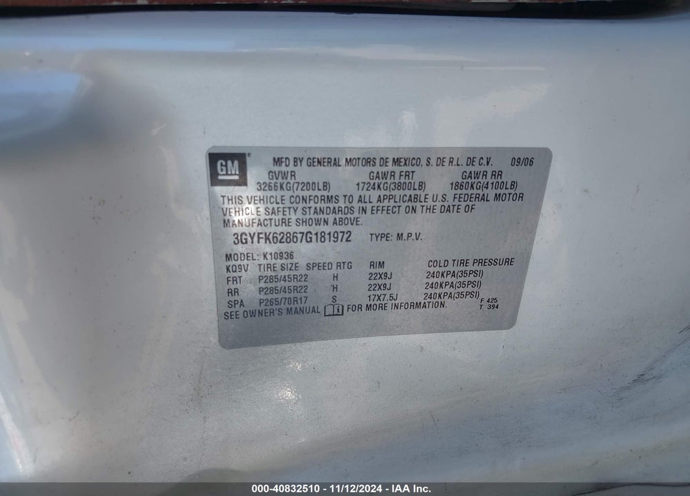 2007 CADILLAC ESCALADE EXT STANDARD VIN: 3GYFK62867G181972