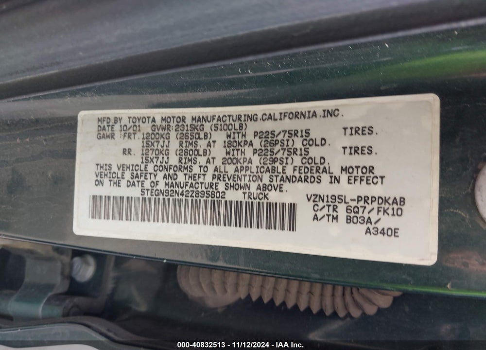 2002 TOYOTA TACOMA PRERUNNER V6 VIN: 5TEGN92N42Z895802