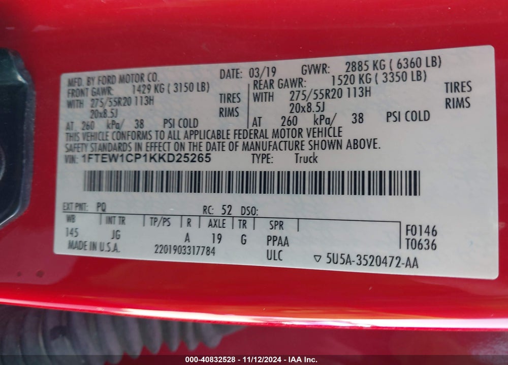2019 FORD F-150 XL VIN: 1FTEW1CP1KKD25265