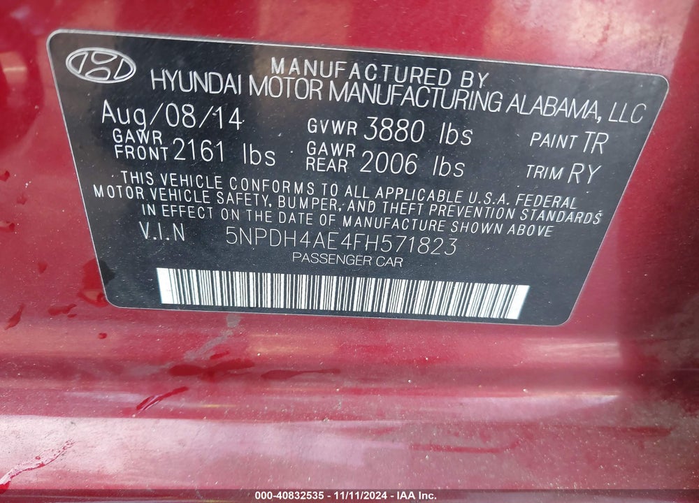 2015 HYUNDAI ELANTRA SE VIN: 5NPDH4AE4FH571823
