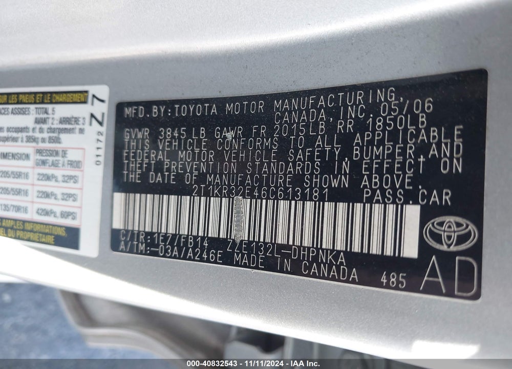 2006 TOYOTA MATRIX/XR VIN: 2T1KR32E46C613181