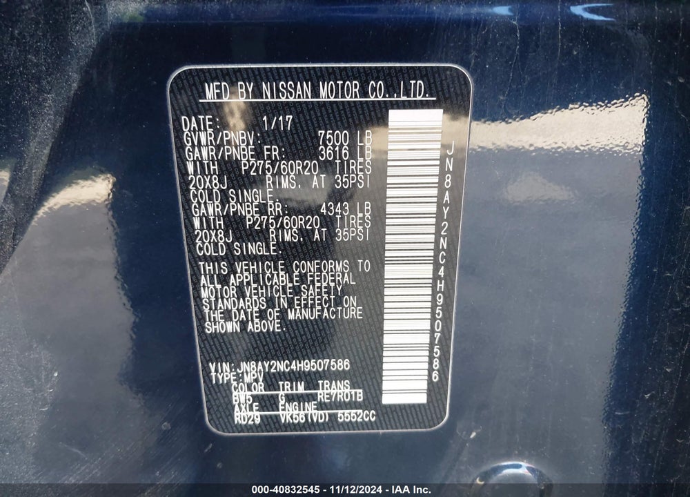 2017 NISSAN ARMADA VIN: JN8AY2NC4H9507586