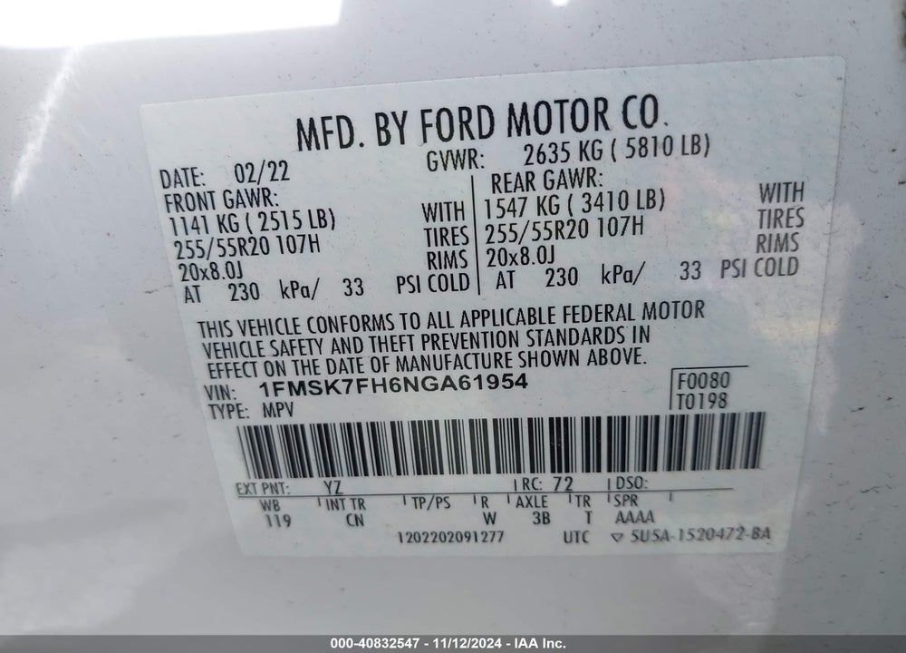 2022 FORD EXPLORER VIN: 1FMSK7FH6NGA61954