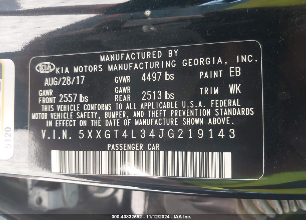 2018 KIA OPTIMA VIN: 5XXGT4L34JG219143