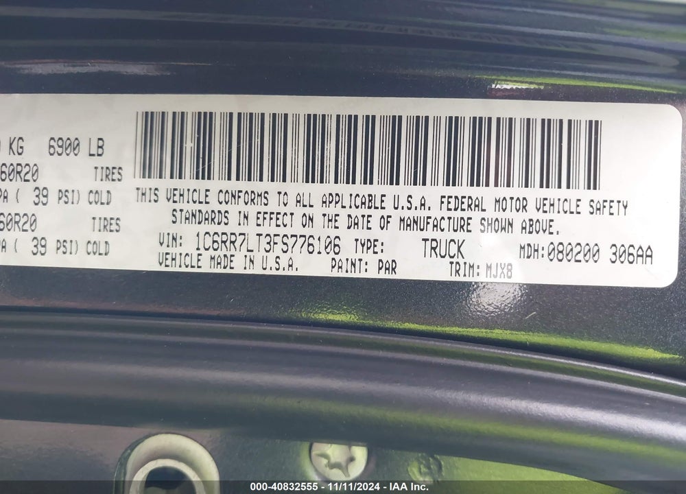 2015 RAM 1500 BIG HORN VIN: 1C6RR7LT3FS776106