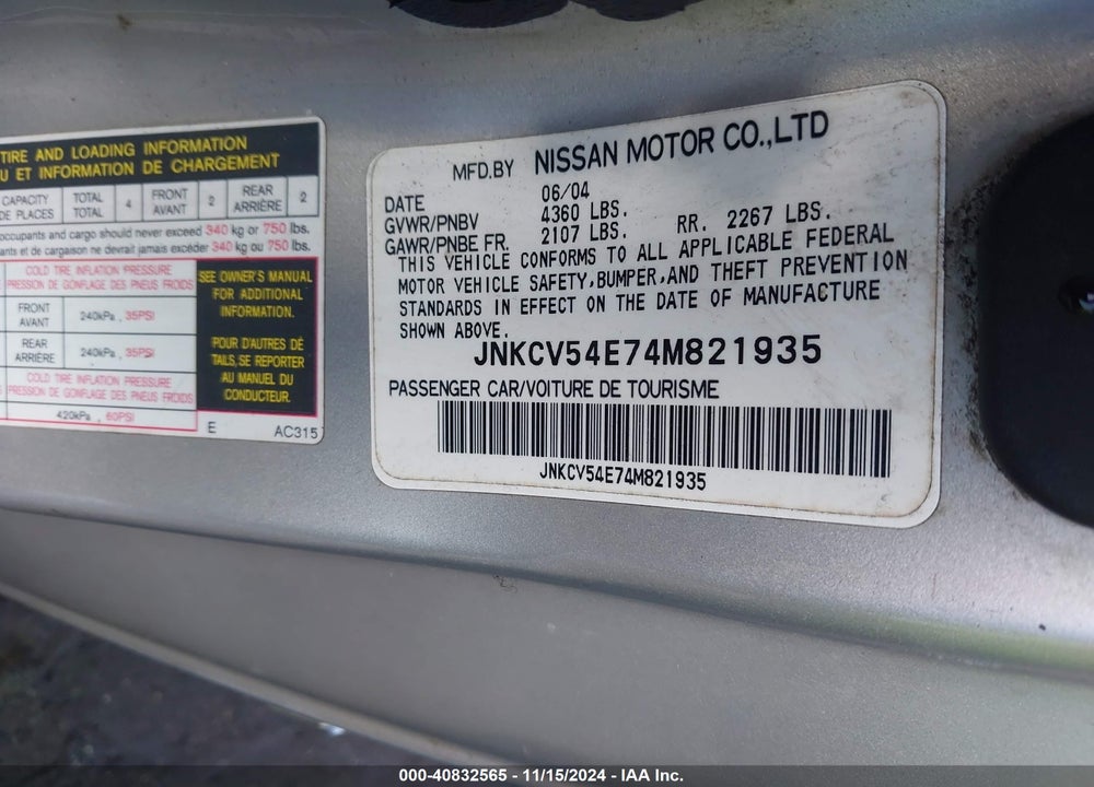 2004 INFINITI G35 VIN: JNKCV54E74M821935
