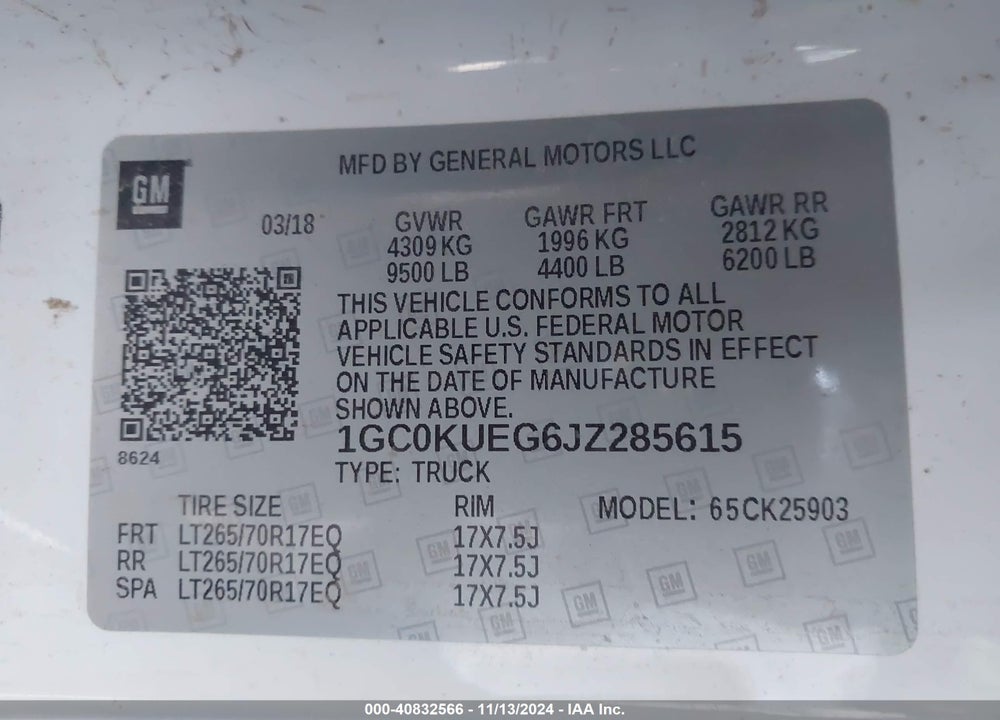 2018 CHEVROLET SILVERADO 2500HD WT VIN: 1GC0KUEG6JZ285615