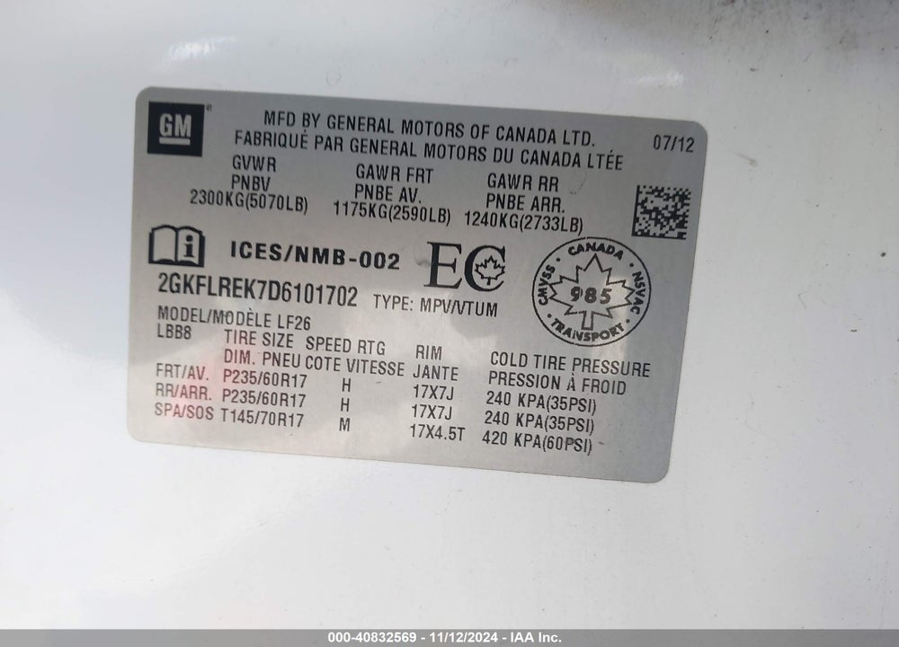 2013 GMC TERRAIN VIN: 2GKFLREK7D6101702