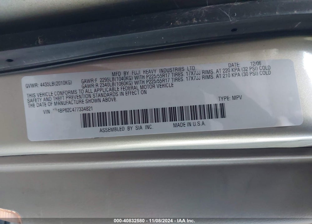 2007 SUBARU OUTBACK 2.5I LIMITED VIN: 4S4BP62C477334821