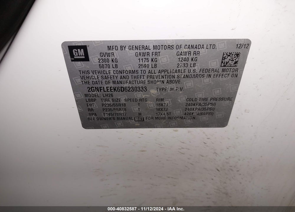 2013 CHEVROLET EQUINOX 1LT VIN: 2GNFLEEK6D6230333
