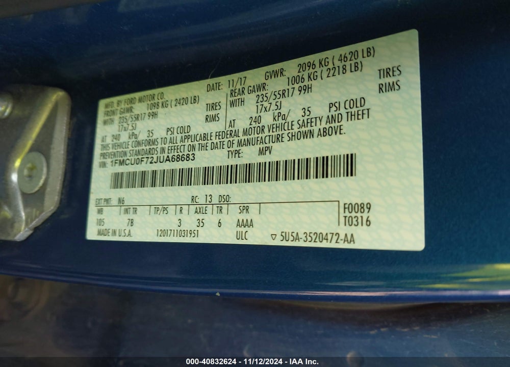 2018 FORD ESCAPE S VIN: 1FMCU0F72JUA68683