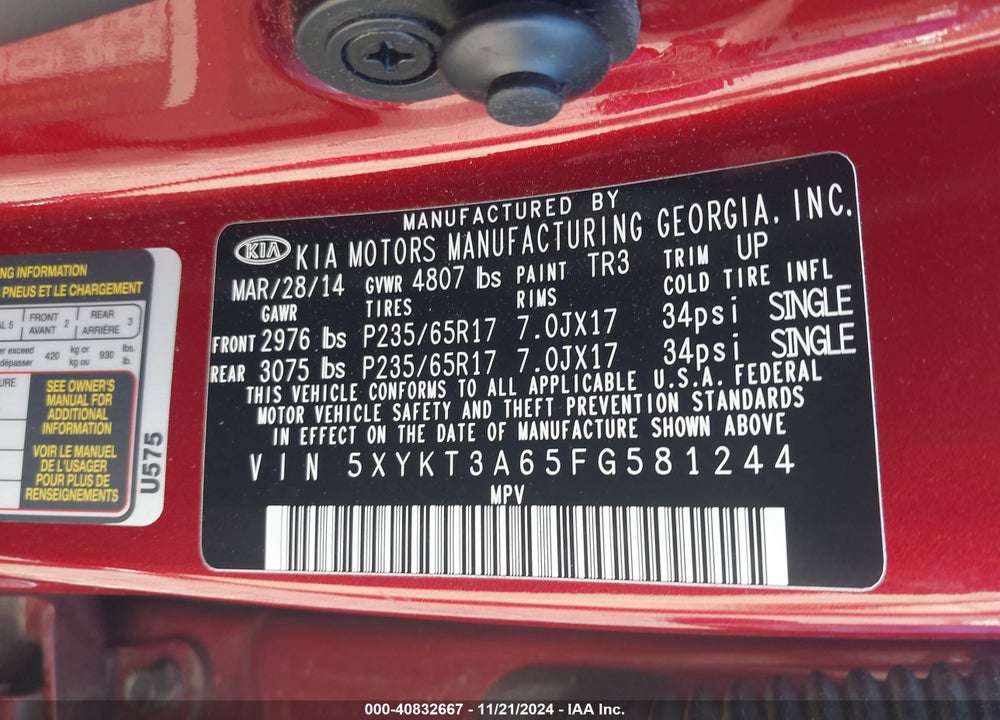 2015 KIA SORENTO LX VIN: 5XYKT3A65FG581244