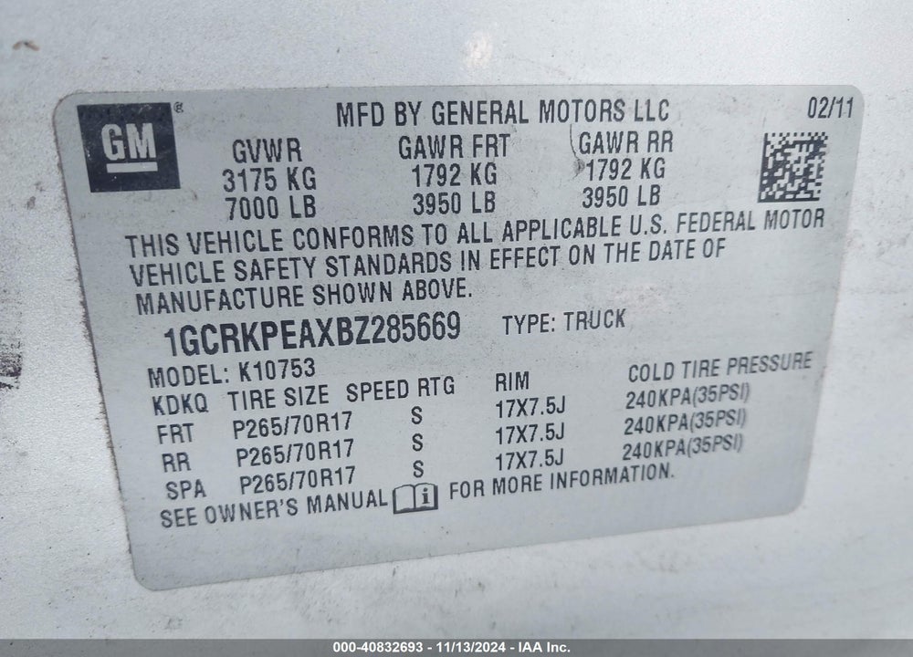 2011 CHEVROLET SILVERADO 1500 WORK TRUCK VIN: 1GCRKPEAXBZ285669