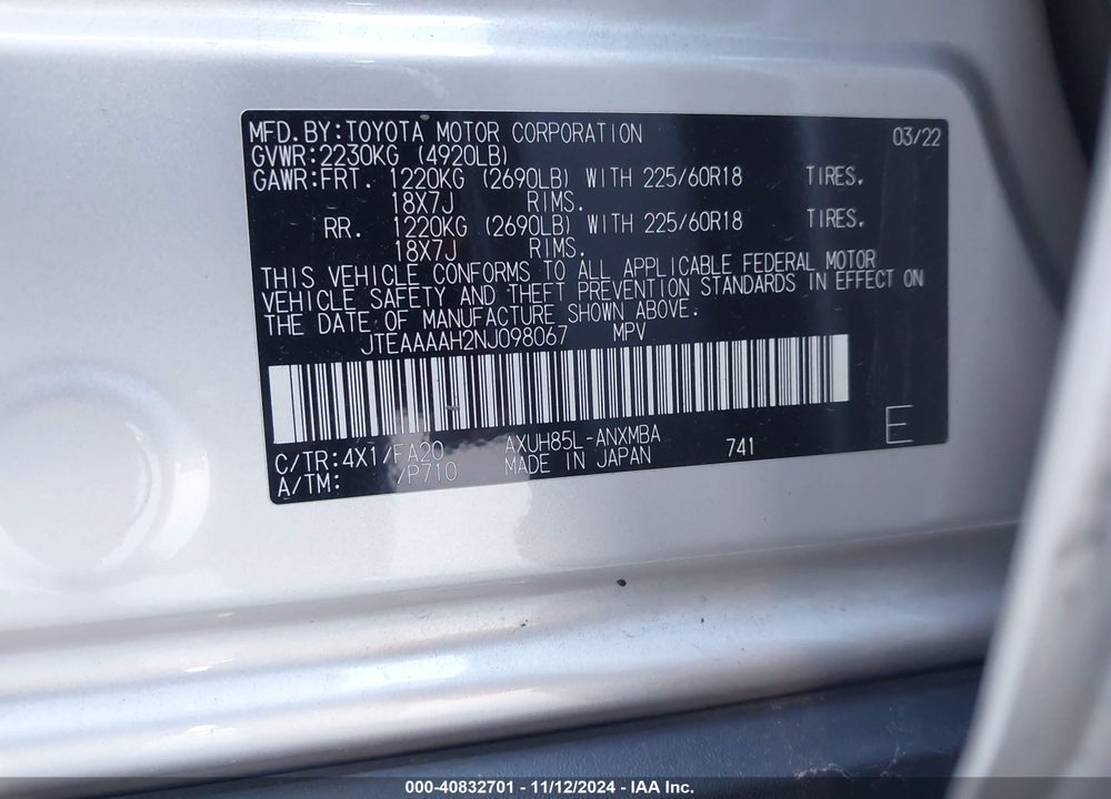 2022 TOYOTA VENZA LE VIN: JTEAAAAH2NJ098067
