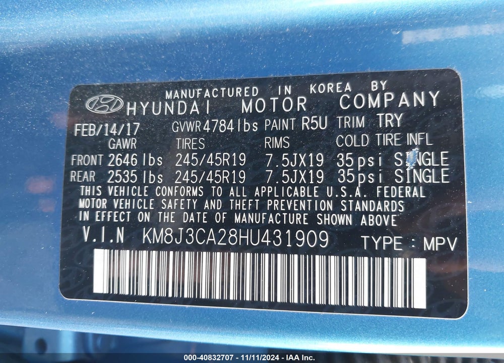 2017 HYUNDAI TUCSON LIMITED VIN: KM8J3CA28HU431909