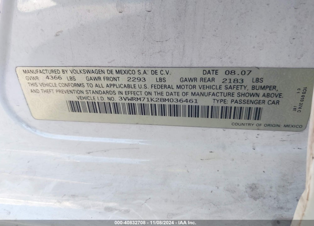 2008 VOLKSWAGEN JETTA SE/SEL VIN: 3VWRM71K28M036461