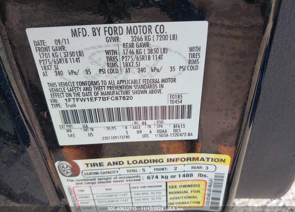 2011 FORD F-150 XLT VIN: 1FTFW1EF7BFC87820