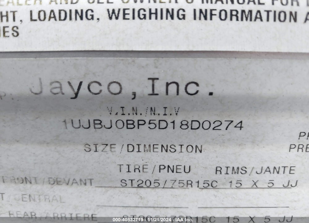 2013 JAYCO JAY FLIGHT TRAVEL TRAILER VIN: 1UJBJ0BP5D18D0274