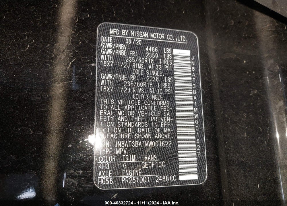 2021 NISSAN ROGUE SV FWD VIN: JN8AT3BA1MW001622