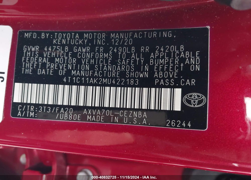 2021 TOYOTA CAMRY LE VIN: 4T1C11AK2MU422183