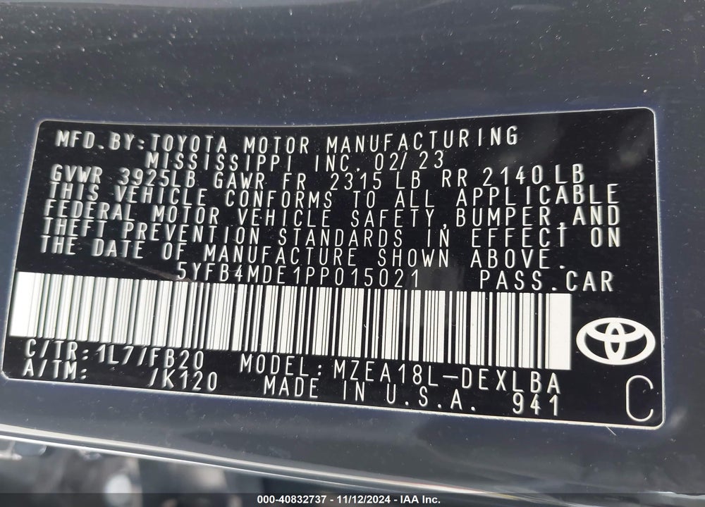 2023 TOYOTA COROLLA LE VIN: 5YFB4MDE1PP015021