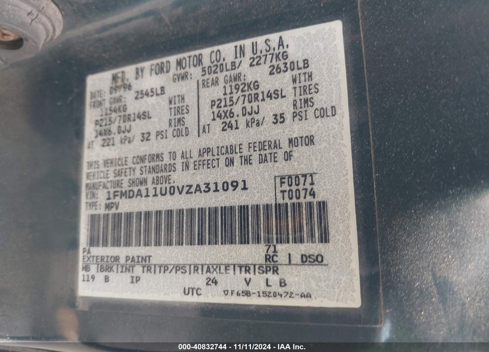 1997 FORD AEROSTAR XLT VIN: 1FMDA11U0VZA31091
