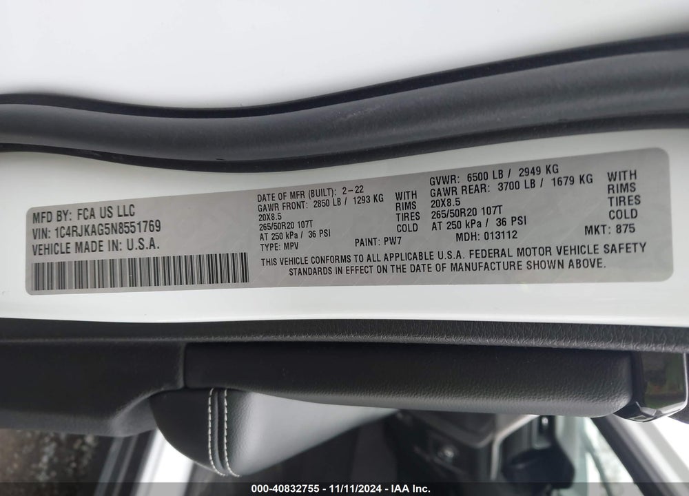 2022 JEEP GRAND CHEROKEE L ALTITUDE 4X4 VIN: 1C4RJKAG5N8551769