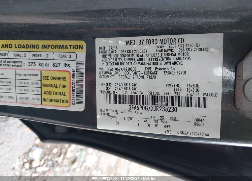 2018 FORD FUSION S VIN: 3FA6P0G7XJR238230